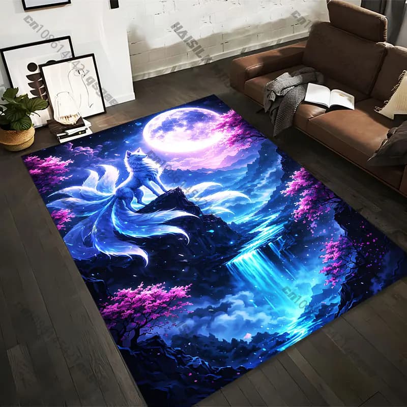 Carpets printed with mystical landscape of fox to the moonlight in 21 sizes, yoga mats for adults, decorations for living room, customized zerbino
