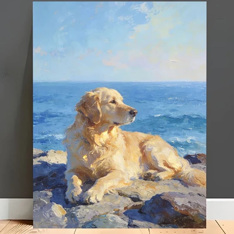 Professional Art Use 2D Flat, 1 Set of Adult DIY Paint by Numbers Kit, "Golden Retriever by the Seaside," Includes Acrylic Paint