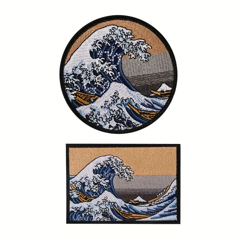 Set of 2 Embroidered Patches Featuring Hokusai'S Great Wave, Perfect for Clothing Embellishments. These Durable Patches Come with Heat-Activated Adhesive, Suitable for Jackets, Bags