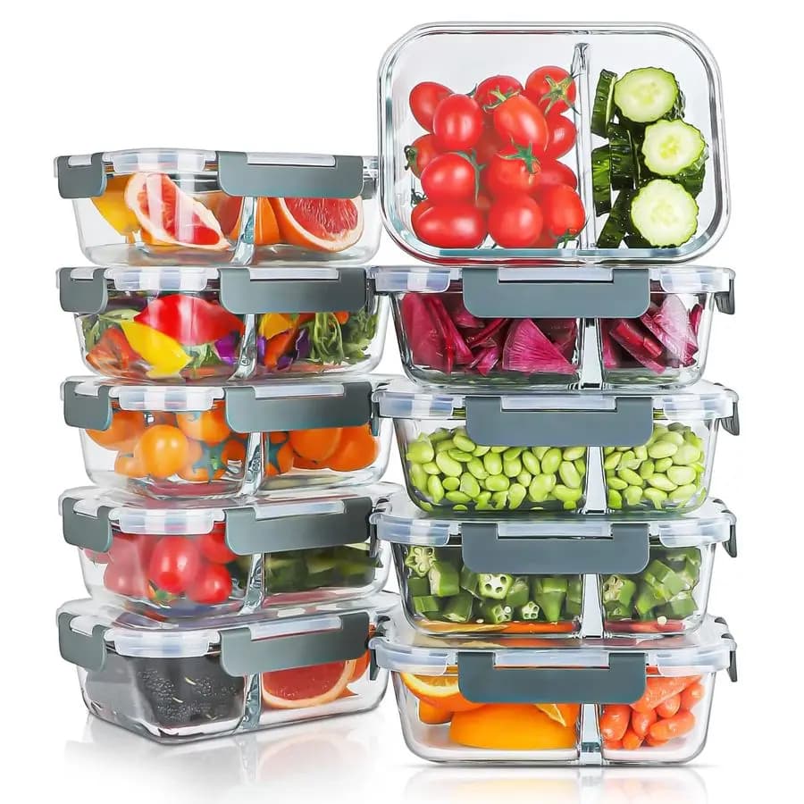 10 Confezioni di Contenitori in Vetro da 30oz per Preparazione Pasti, 2 Scomparti, Contenitori in Vetro per Alimenti con Coperchi, Scatole Bento Ermetiche per Pranzo, Microondabili