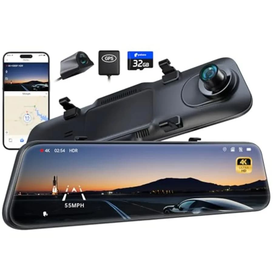 P12 Pro Dash Cam a Specchio 4K con ADAS e BSD, WiFi 5.8GHz, Download 20MB/s, Telecamera Posteriore 4K e Anteriore 1080P con Audio