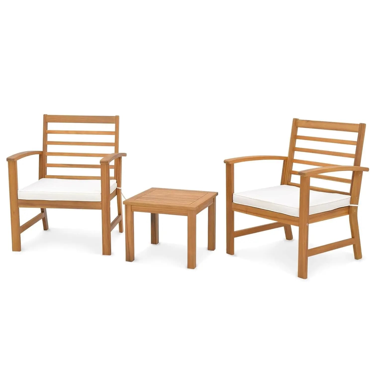 Set da Patio in Legno di Acacia 3 Pezzi, Tavolo Ergonomico con Cuscini per Conversazione, Giardino, Bordo Piscina, Balcone, Personalizzabile
