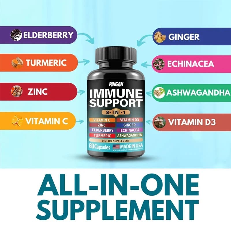 Integratore di supporto immunitario contenente equinacea, vitamina zinco, curcuma, melanzane ubriache sudafricane, sambuco -60 capsule