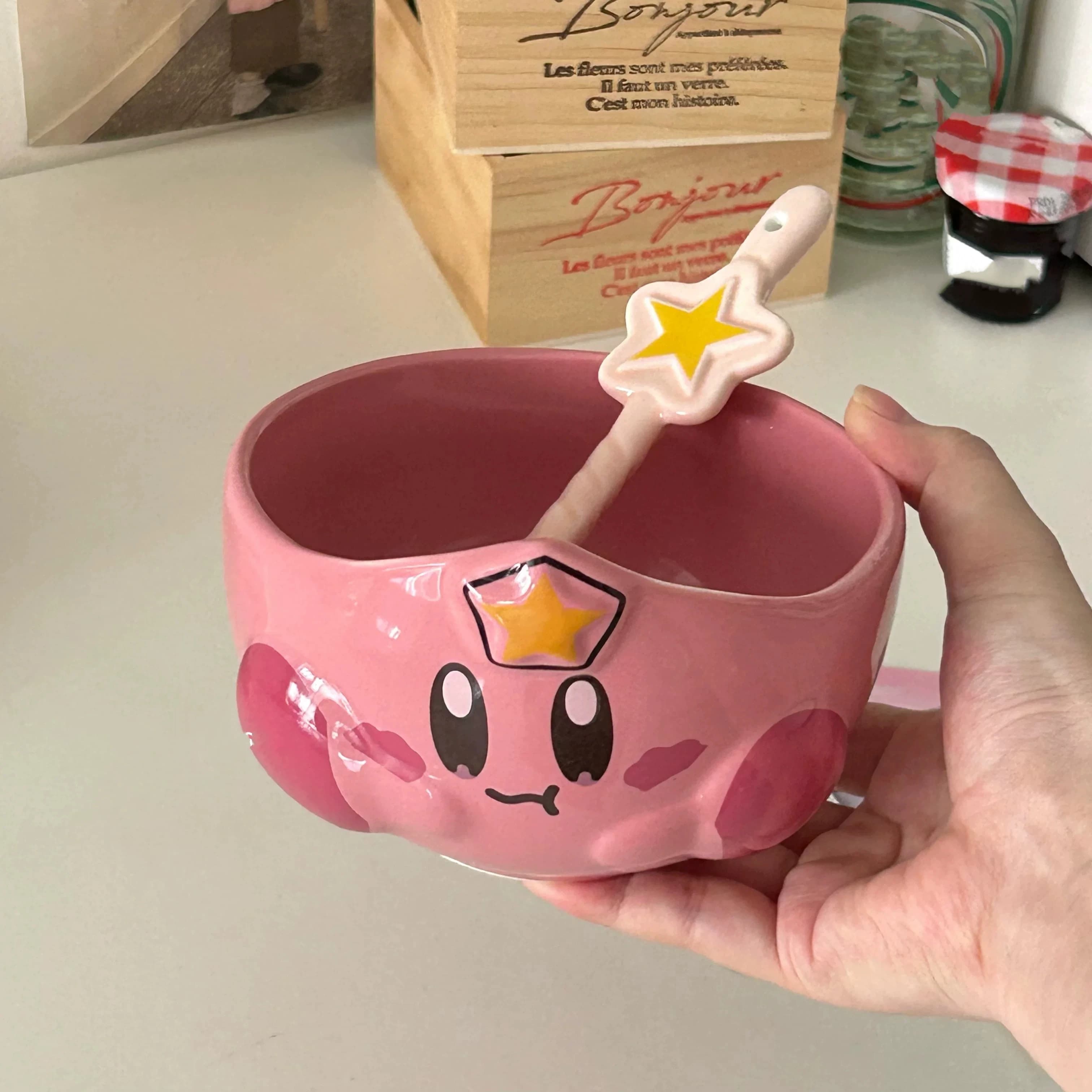 Kirby Ceramic Bowl Cute Cartoon Pink Large Capacity With Matching Spoon Aesthetic Tableware For Home Dining