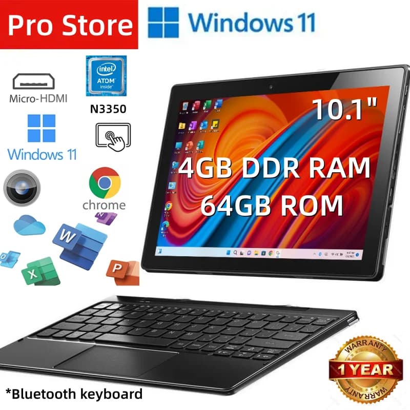 New 10.1 inch Windows 11 Tablet with Type-C, IPS 1920x1200, 4GB RAM, 64GB ROM, Intel Atom N3350 Quad-Core 64-bit processor, 1 USB 3.0 port, dual camera and Wi-Fi.