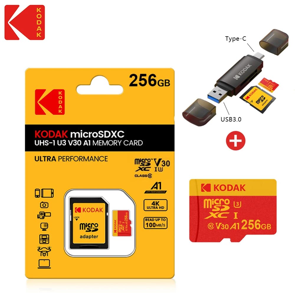 Scheda di memoria Micro SD Kodak 64GB 128GB 32GB 256GB U3 4K ad alta velocità Fino a 100MB/s Scheda TF con lettore di schede per smartphone PC