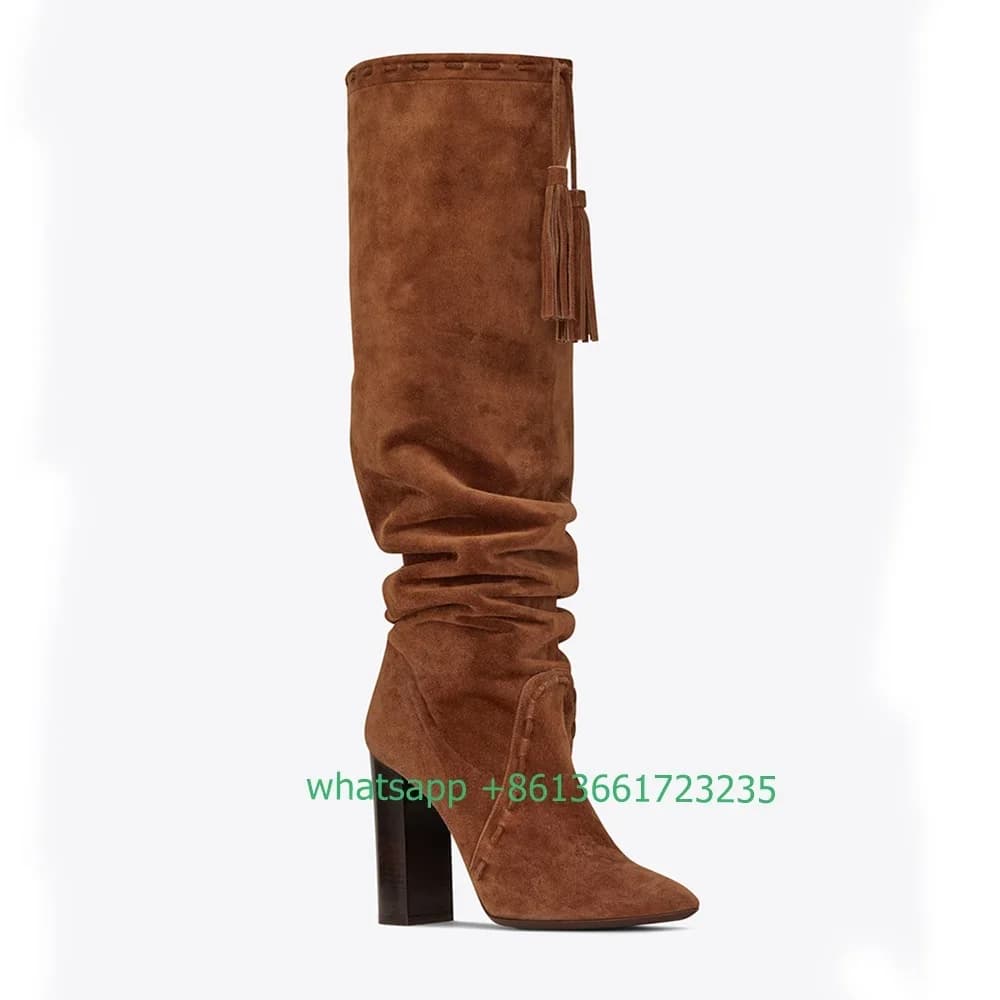 Women Black Brown Pointed Toe Boots Tassel Large Size Pleated Chunky High Heel Boots Suede Slip On Women Winter Over Knee Boots