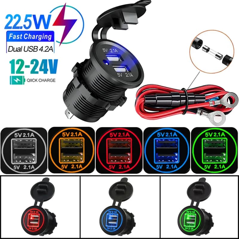 Car charger with double USB port 12/24V 5V 4.2A Motorcycle Charger Charger Adapter Quick Waterproof Charging Adapter for Car Boat Vehicle
