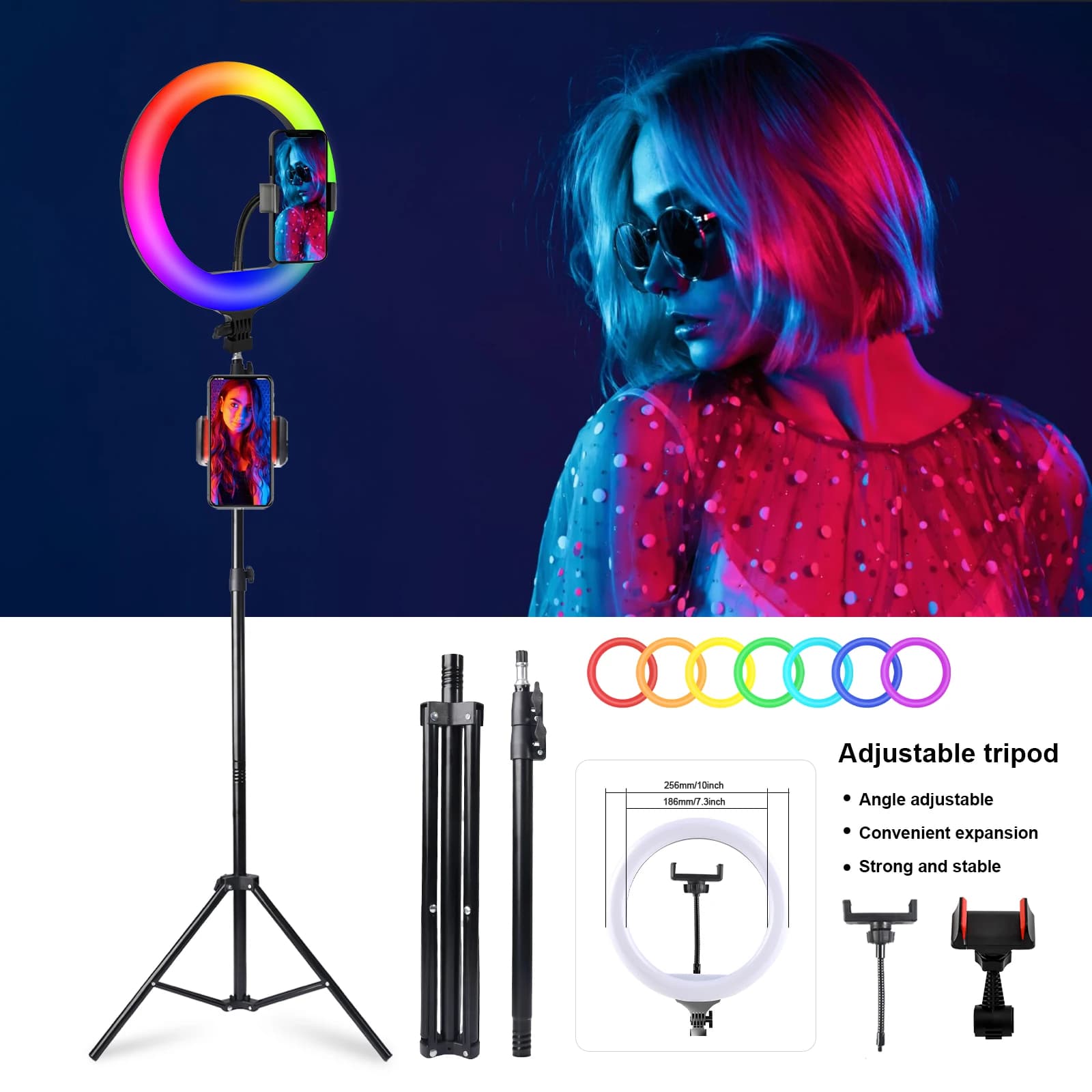 10" RGB Ring Light with Handle & 160cm Tripod – 360° Rotatable Phone Clip + Phone Holder, Wired Control, 101 Color Modes
