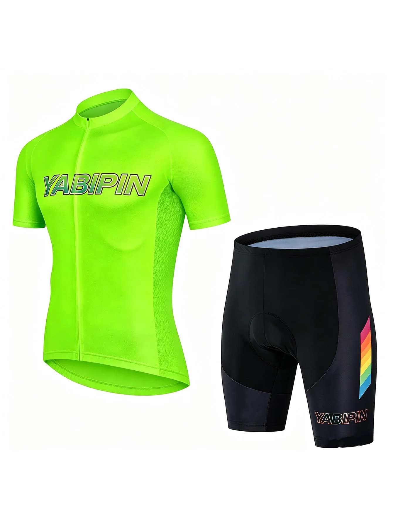 Completo da ciclismo da uomo in 2 pezzi, pantaloncini a maniche corte con zip integrale e colletto alto, tuta da ciclismo con grafica a lettere, traspirante e ad asciugatura rapida per MTB