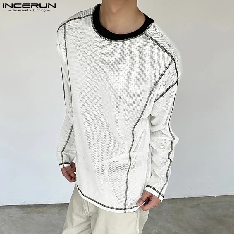INCERUN Maglietta da uomo Patchwork Scava Fuori Maglia O-Collo Manica lunga Abbigliamento da uomo Allentato Sexy Vedere attraverso Streetwear Moda Tee Tops
