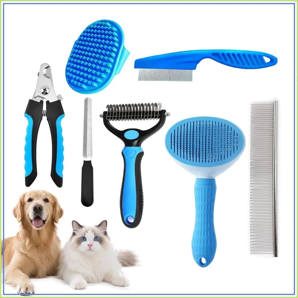 7PC Dog Grooming Brush Set for Shedding & Matted Fur, Self-Cleaning Slicker, Undercoat Rake, Flea Comb for Long Hair Pets Blue