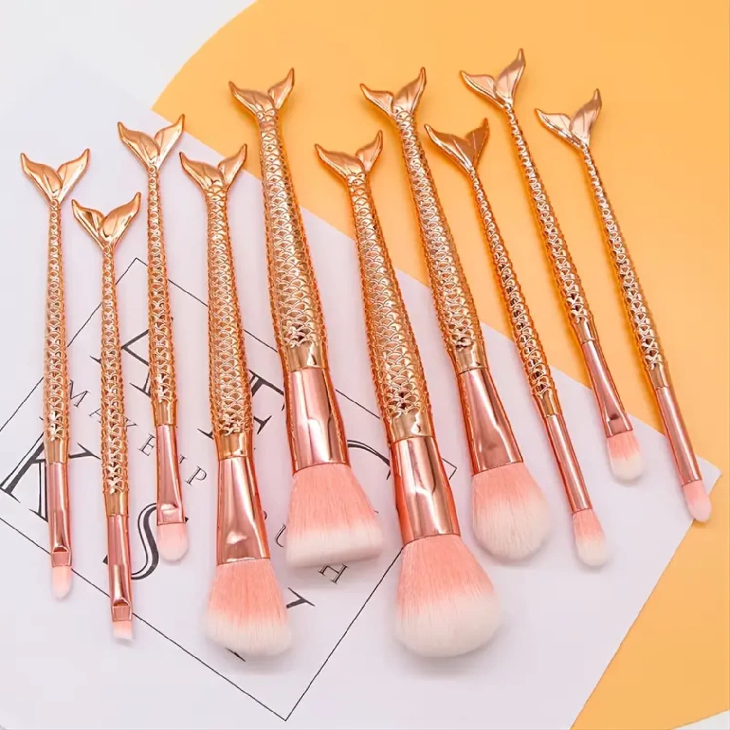 10 piece pink gold glitter makeup brush set - Synthetic brushes for foundation, fard, eyeliner - Perfect for girls