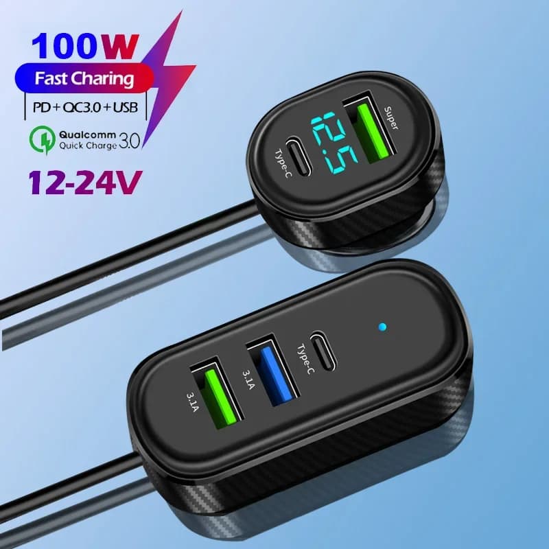 Caricabatteria da auto 5 in 1 12V-24V 100W max 66W Ricarica super veloce Doppio USB + Tipo C con display di tensione Cavo da 150 cm per iPhone/Andorid