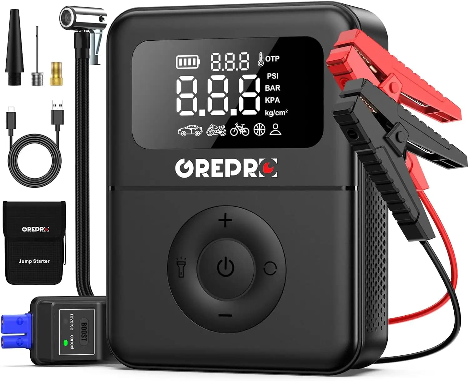 Avviatore di emergenza con compressore d'aria, 5000 A, gonfiatore per pneumatici 150 PSI, amplificatore per batteria per auto portatile 12 V, display digitale, torcia a LED