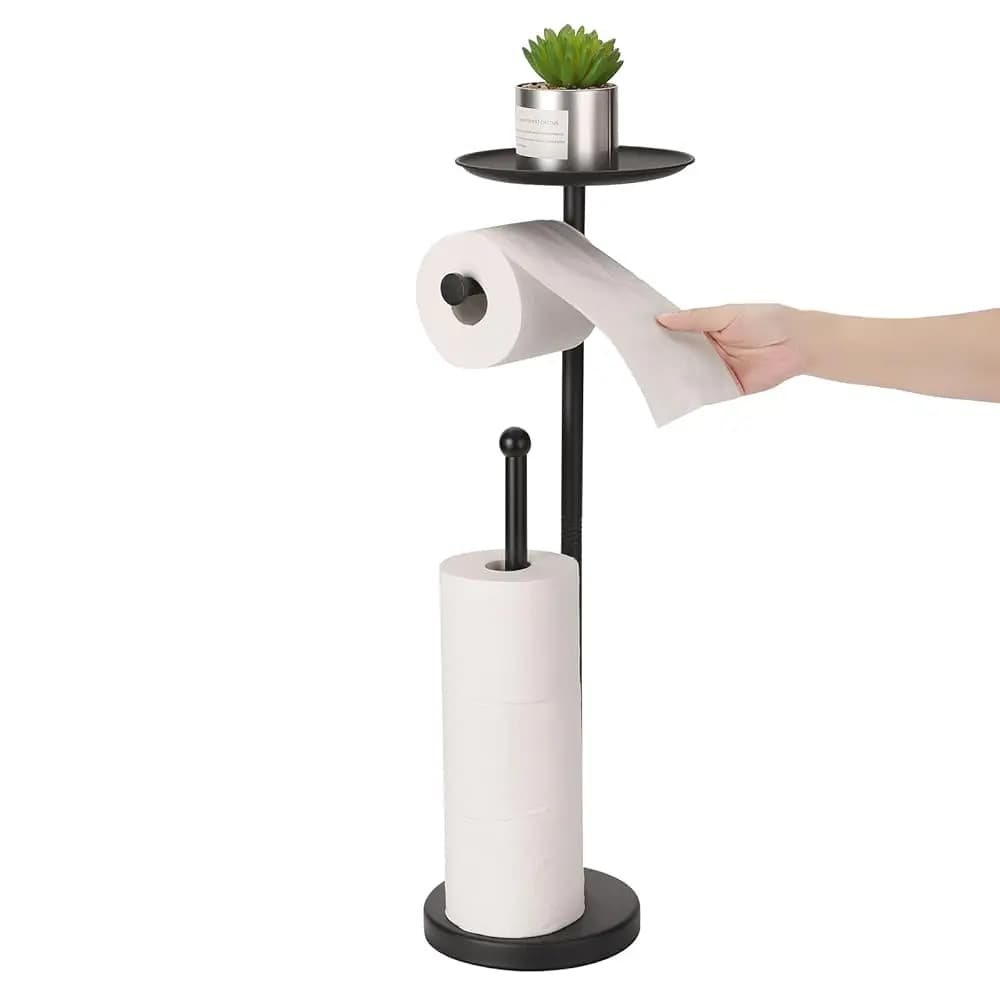 Portarotolo da terra con ripiano porta telefono, supporto TP autoportante, contiene 5 rotoli, in acciaio inossidabile (nero)
