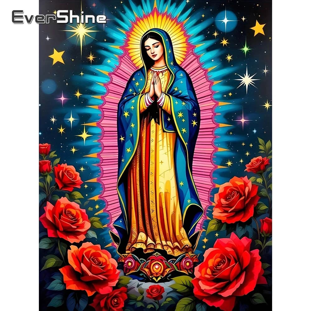 Mosaico di Diamanti Evershine con Figure Religiose, Quadro Completo Ricamato con Strass, Immagine della Vergine Maria, Decorazione con Rose per la Casa