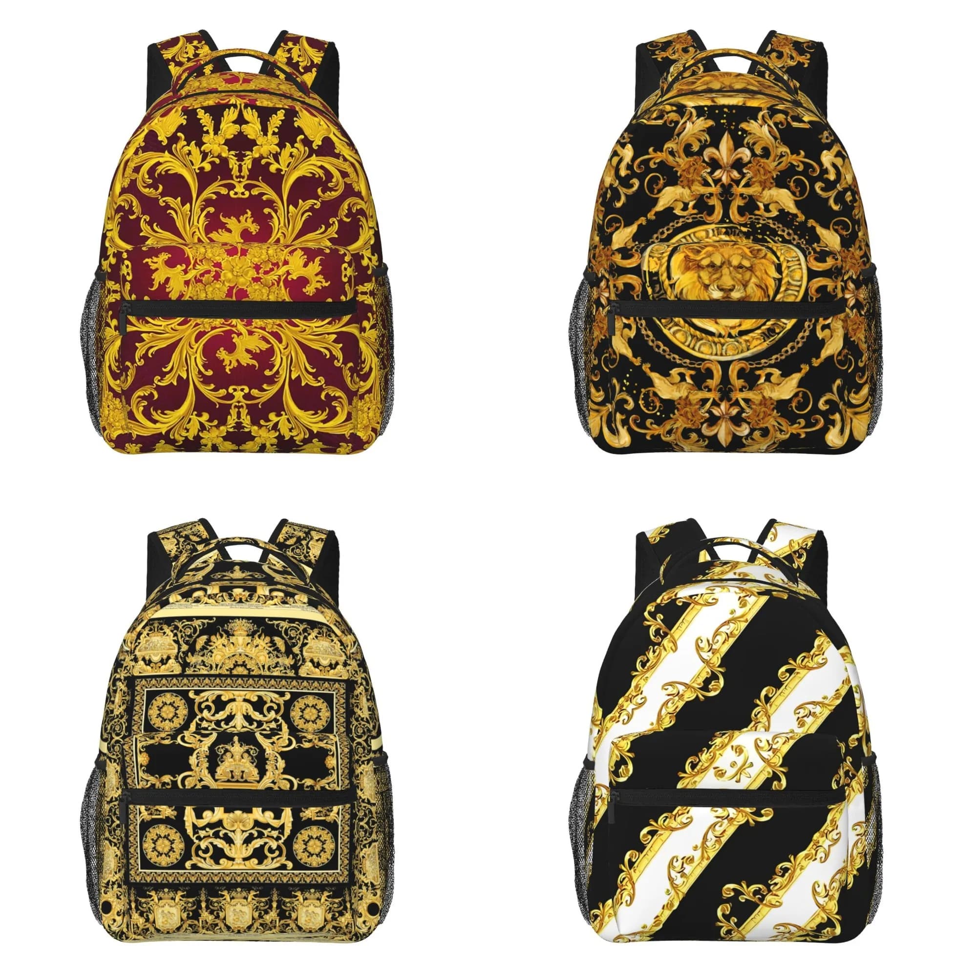Borsa da scuola per adulti con motivo chiave greca leone dorato Borsa da college casual Borsa da viaggio con cerniera Zaino da trekking per donna uomo