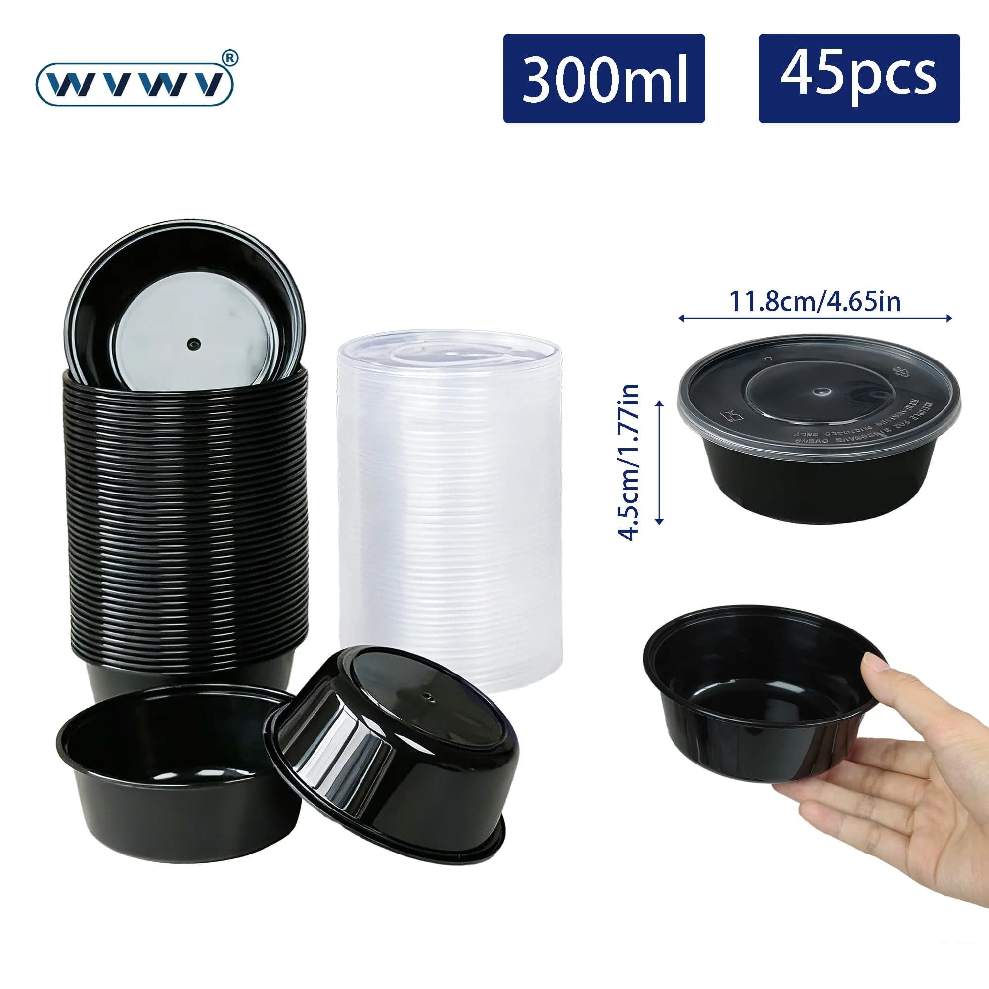 Ciotole rotonde nere da 45 pezzi/300 ml, contenitori per la preparazione dei pasti, adatte al microonde, adatte per insalate, frutta, preparazione dei pasti, ciotole per salse da picnic, ciotole per insalate, dessert e zuppe, essenziali per l'imballaggio da asporto e per la conservazione degli avanzi a casa.