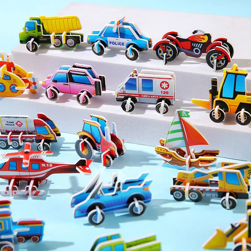 30 pezzi 3D Cartoon Car Paper Jigsaw Puzzle Costruzione Camion Giocattoli Bambini Festa di compleanno Bomboniere Regalo per gli ospiti Goodie Pinata Filler