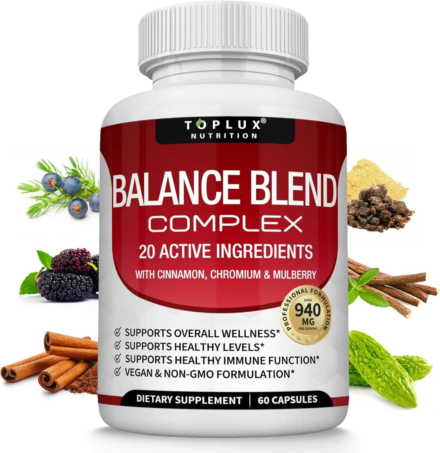 Premium Natural Balance Blend Supplement 20 Herbs Vitamins with Cinnamon Non-GMO Vegan 60 Capsules for Men & Women