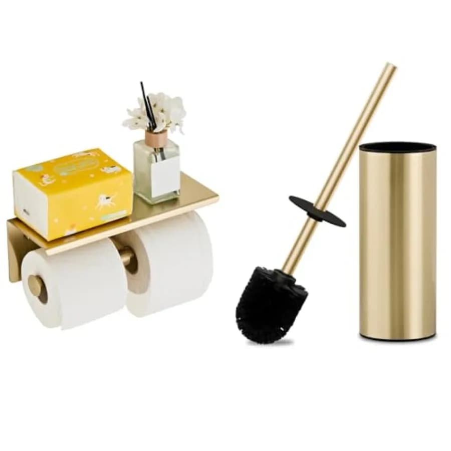 Set Portascopino WC Oro Spazzolato e Portarotolo Doppio con Mensola
