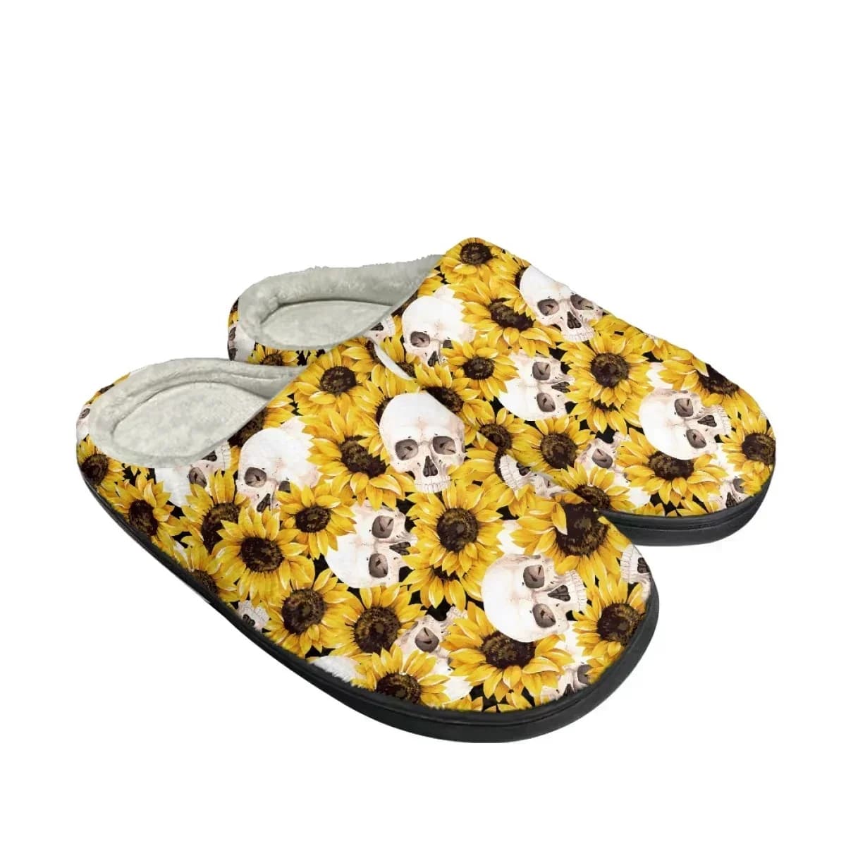 Pantofole invernali da donna con design girasole e teschio, in cotone, calde e comode, antiscivolo, per interni - Zapatos Mujer