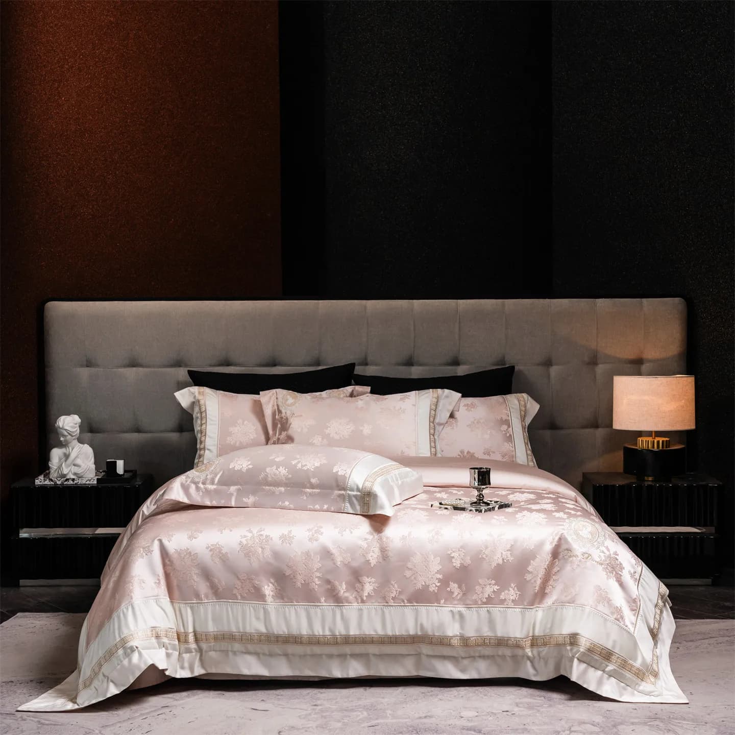 Set di biancheria da letto di lusso con ricamo in cotone egiziano jacquard in rilievo con fiori 3D Copripiumino Lenzuolo/Lenzuolo con angoli Federe 4 pezzi