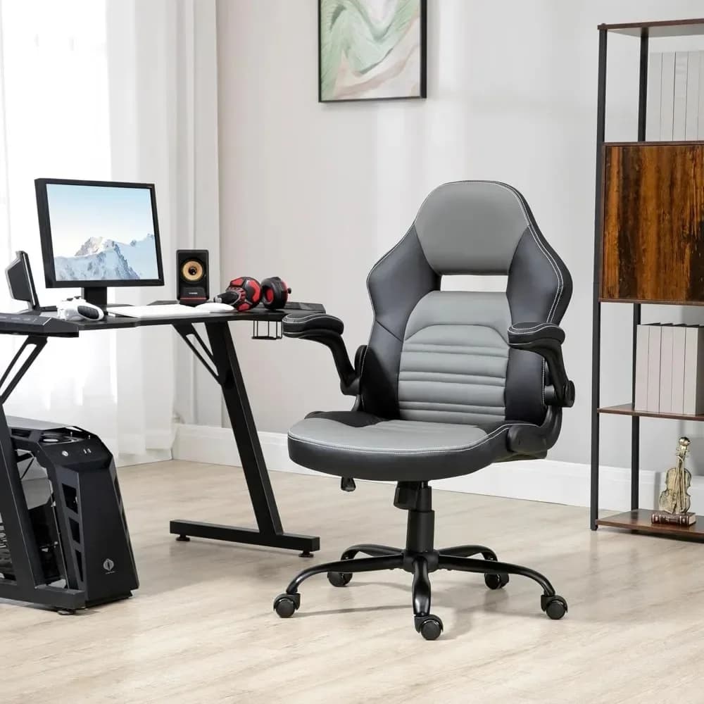 -Sedia da gioco in pelle PU con braccioli ribaltabili, sedia per computer stile da corsa, sedia da ufficio per casa regolabile in altezza con girevole