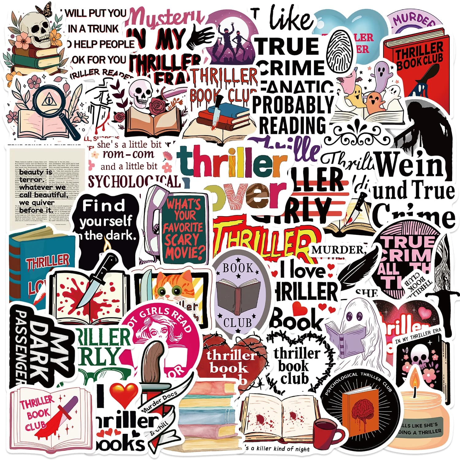 50 pezzi di lettura dei cartoni animati ThrillerBooks Smut Graffiti adesivi Graffiti adesivi per bicicletta conto a mano astuccio decalcomanie in PVC
