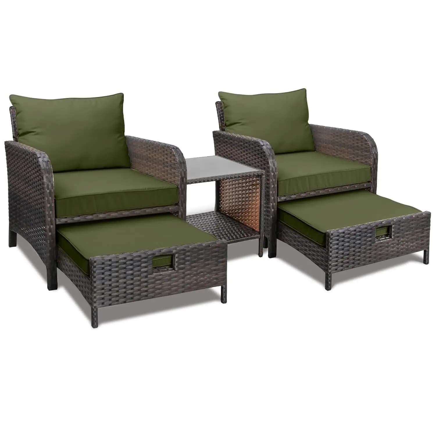 5-piece Rattan PE Patio Set, Outdoor Lounge Chairs, Glass Table, Veranda and Lawn Bearings, Military Green Brown, Customizable