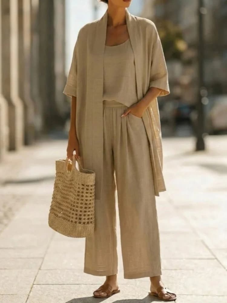 Completo Casual Estivo da Donna in Cotone e Lino: Gilet, Camicia a Maniche Corte e Pantaloni a Gamba Larga
