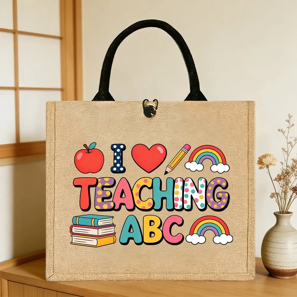 1pc Tote Bag, Versatile Jute Bag for Womenteacher Tote Bag Jute Handbag with I Love Teaching Theme for Outdoor Picnic, Shopping