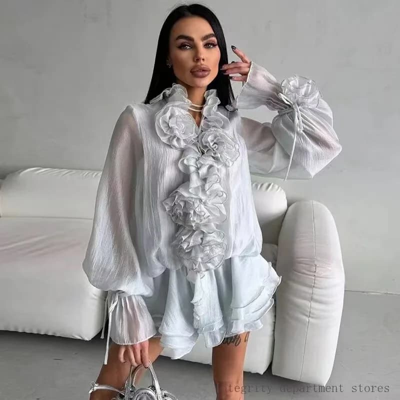 Elegante multistrato con volant abito a fiori pantaloncini set da donna 2 pezzi manica lunga con lacci mini abiti irregolari larghi pantaloncini completo