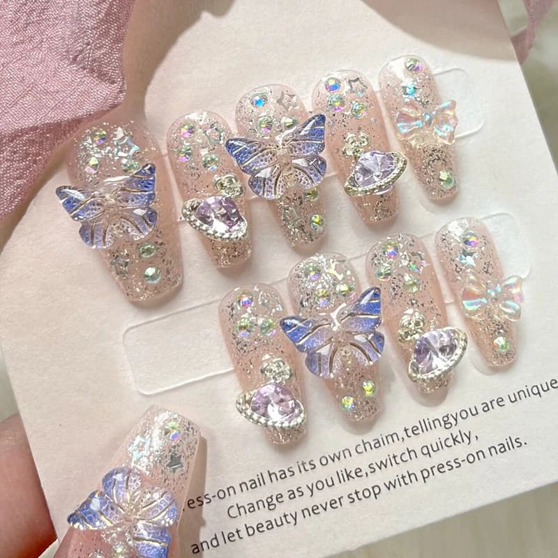 10 pezzi stampa fatta a mano sulle unghie grandi pianeta progettato unghie finte con farfalla arte glitter unghie finte bara punte indossabili con diamanti