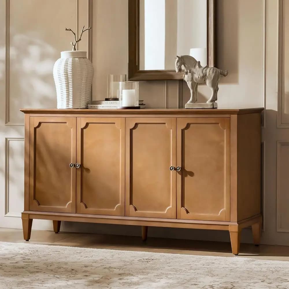 Credenza Moderna Stile Mid-Century a 4 Ante, Mobile Buffet da 58 Pollici, Ripiani Regolabili, Gambe in Teak