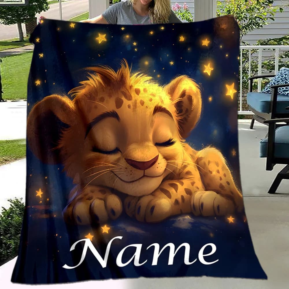 1 personalized lion blanket with the custom name "Lion" presented in gold and red, featuring a soft flannel shawl with lion
