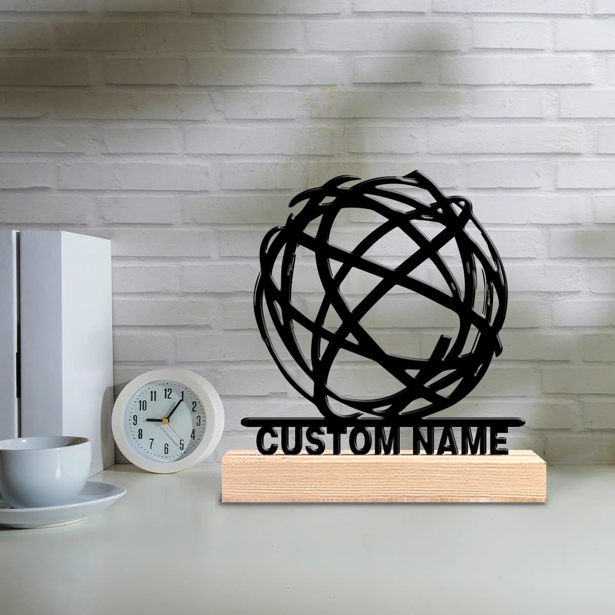 Custom Metal Shape Linear Ball Statue with Wood Base, Scientific Theme Table Decoration