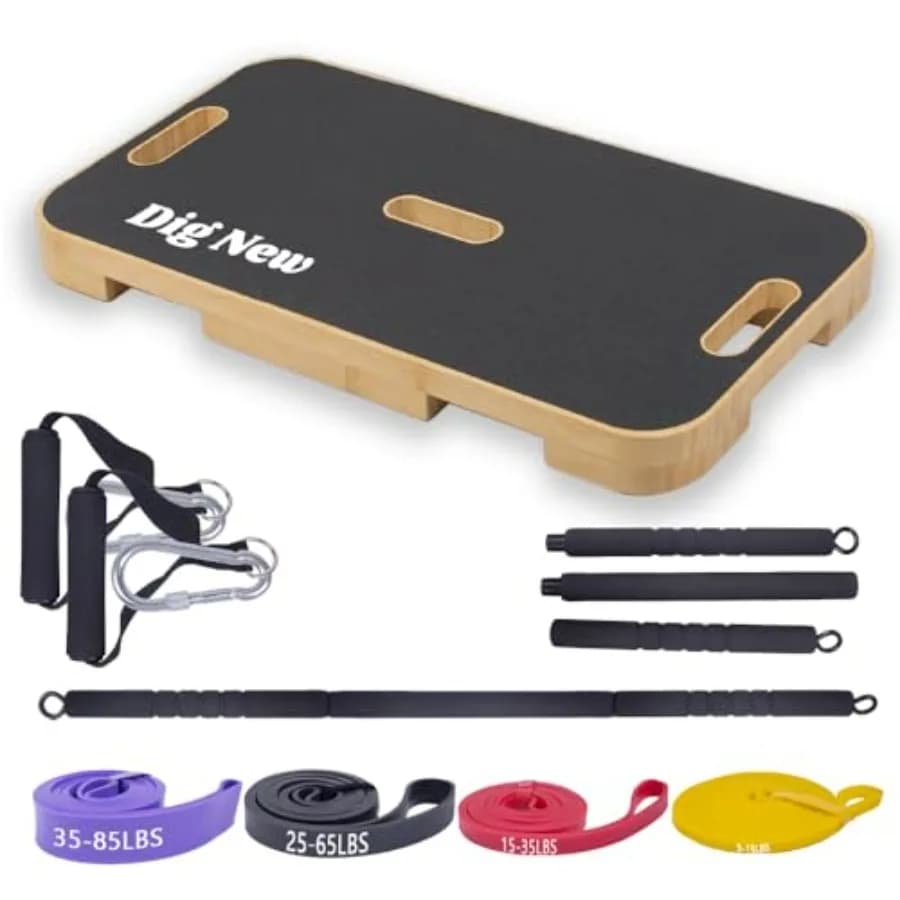 Foot plate with wooden resistance band, platform for exercises with anti-slip surface, resistance bar, 4 resistance bands, for home gym, Full-B