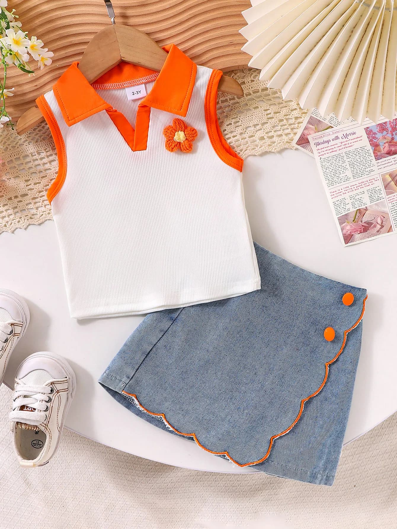 Cross-border New Girl Sweet and Comfortable 2-7 Years Old Flower Orange Bump White Shirt + Denim Shorts