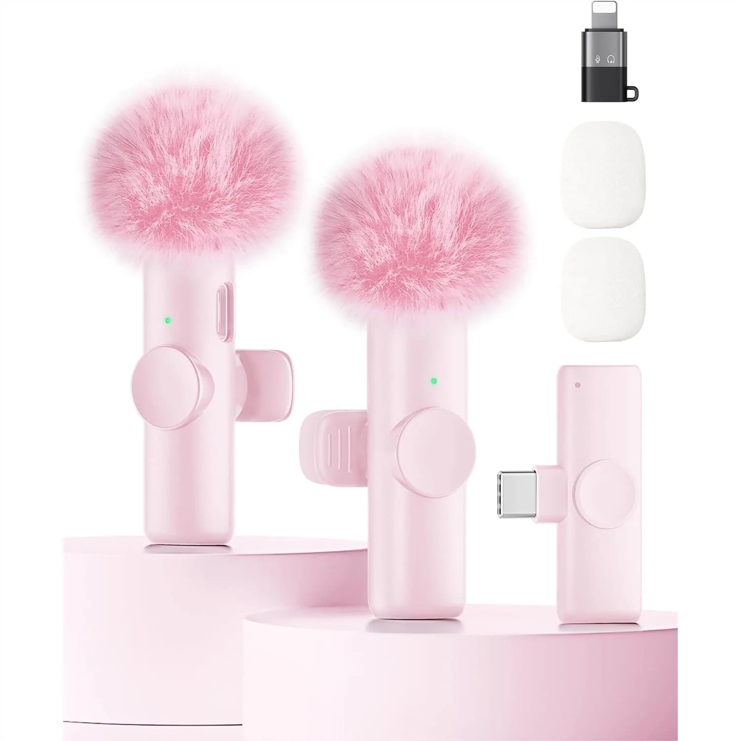 Microfono Wireless per iPhone iPad Android, Set di 2 Microfoni Lavalier con Riduzione del Rumore, Plug and Play per Registrazione Video