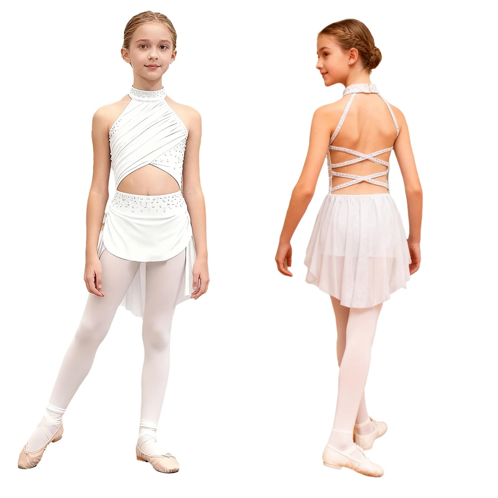Vestito da ballo moderno per bambine, con strass lucidi, scollo all'americana, body in rete trasparente, per pattinaggio artistico, ginnastica e danza contemporanea