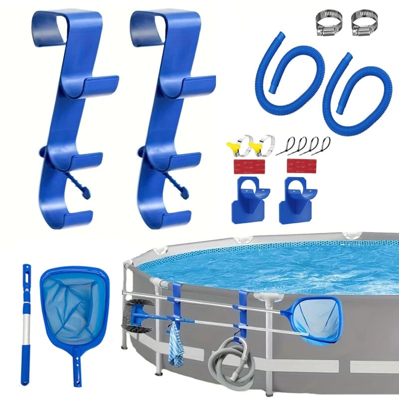 Gancio telescopico regolabile in plastica per bordo piscina, con rete per foglie e asta telescopica in alluminio, set con staffa per tubo