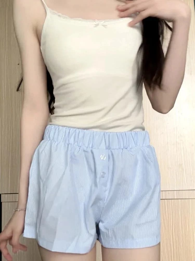 Women's Minimalist Blue Striped Casual Shorts Loose Slimming Wide Leg Beach Sports Home Pants