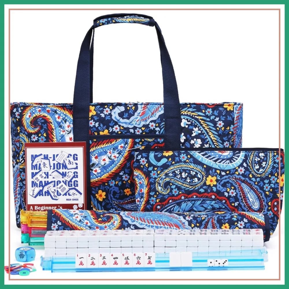 Set Mahjong Americano Premium con 166 Tessere Bianche, Borsa da Trasporto Blu Navy, 4 Supporti/Spingitori, Gioco da Viaggio Completo