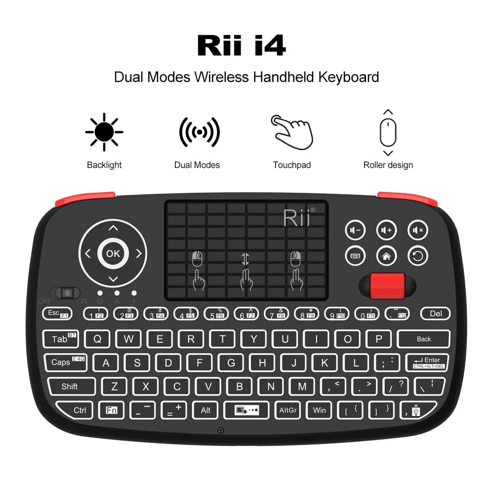 Tastiera wireless Rii i4 Mini BT con touchpad Telecomando mouse retroilluminato da 2,4 GHz per Windows Android TV Box Smart TV