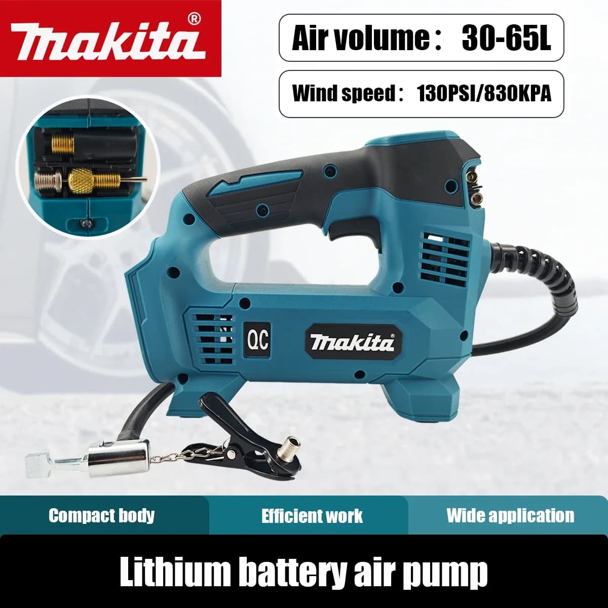 Compressore d'Aria Portatile Makita 21V 180PSI 830KPA, Gonfiatore per Pneumatici ad Alta Potenza con Luce LED, Pompa Elettrica per Auto