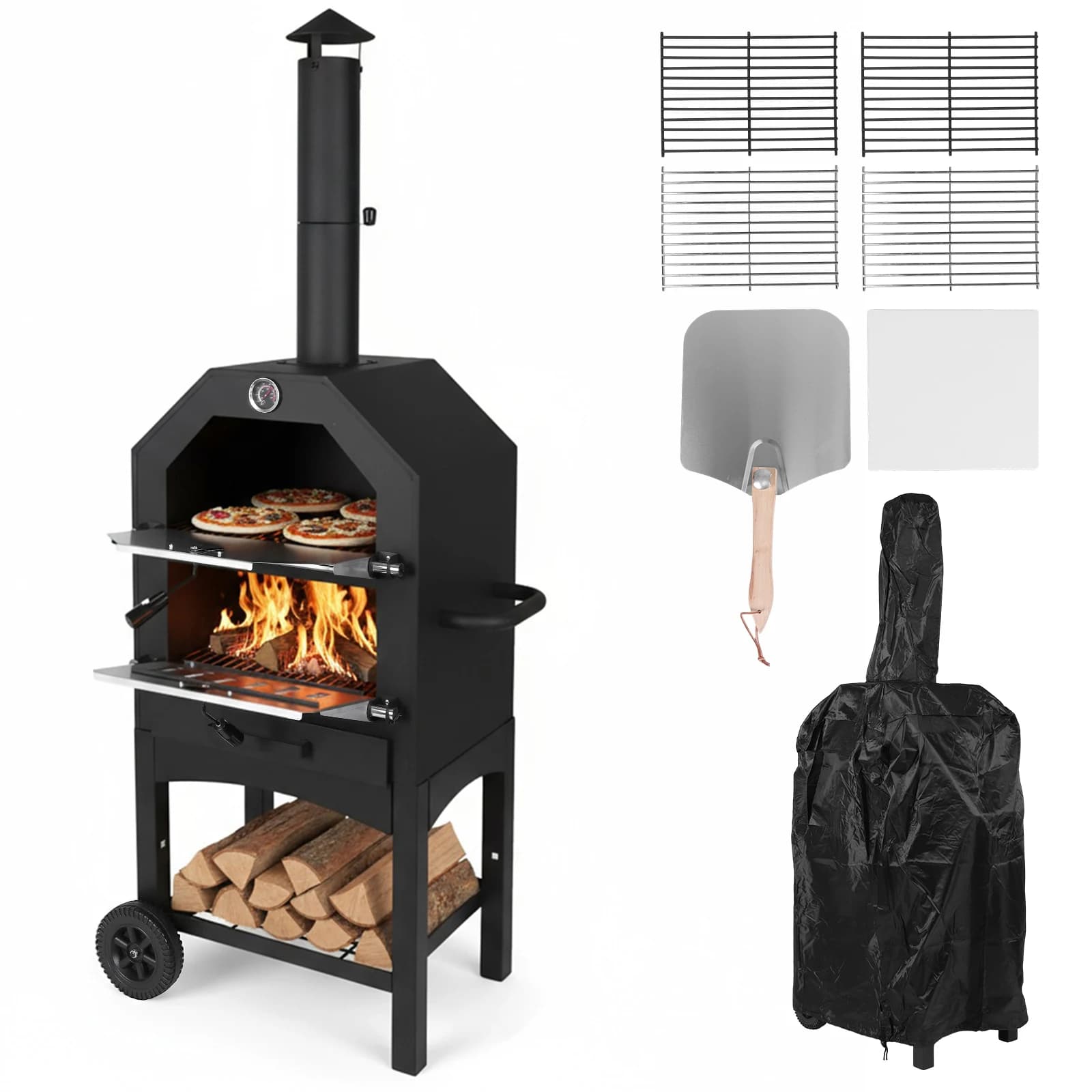 Forno per Pizza a Carbone a 2 Livelli, Autoportante, con Pietra e Paletta, Grande Forno per Pizza in Acciaio Inossidabile per Giardino, Campeggio e Tailgating