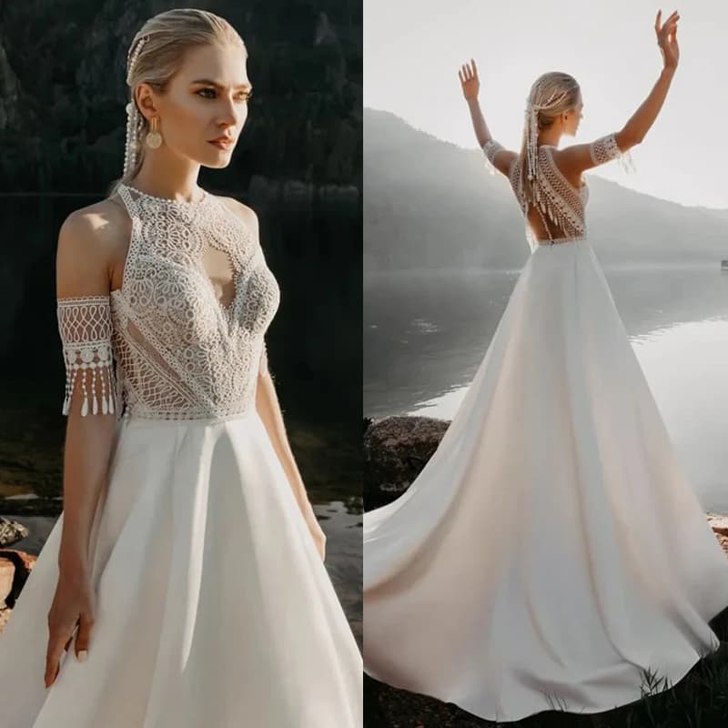 Lace Boho Wedding Dress Court Train Sheer Back Long A Line Beach Bridal Gowns Detachable Sleeves Customized