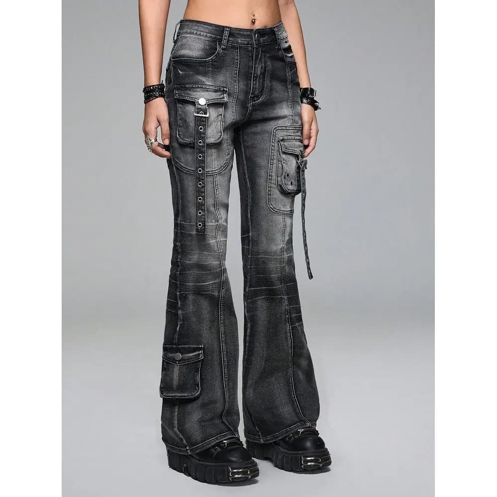 Jeans a Zampa d'Elefante Neri Grunge Punk Primavera Estate con Rivetti Metallici e Vita Super Bassa Effetto Consumato